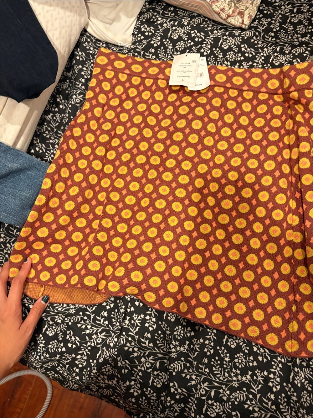 Retro Floral Knit A-Line Skirt in Rust and Yellow